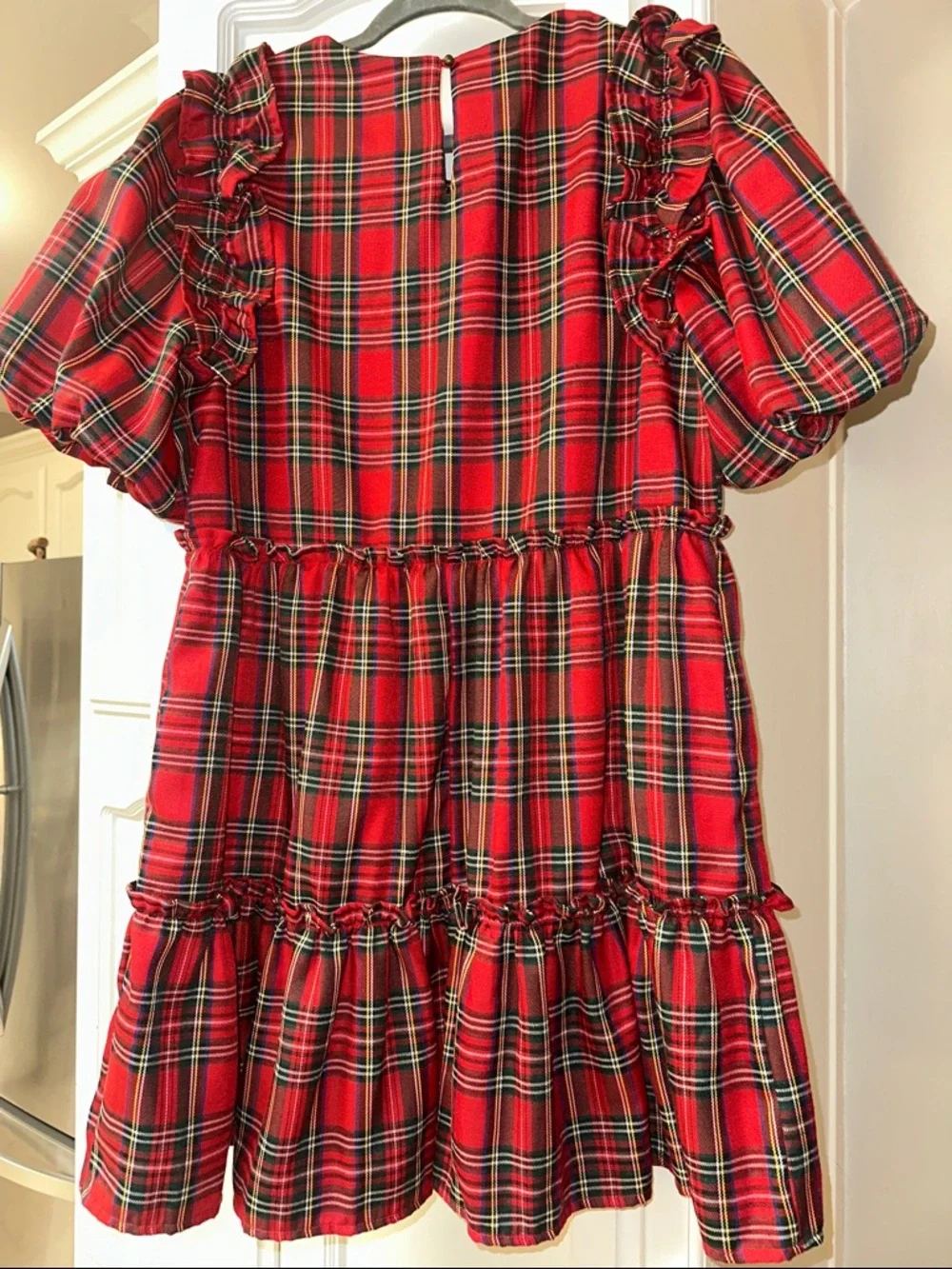 entro Red Plaid Puff Sleeve Tiered Mini Dress - Picture 4 of 4